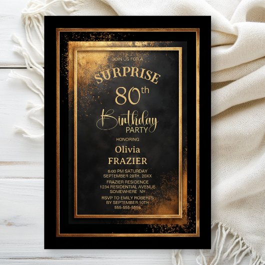 Invitation Modern Black Gold Surprise 80th Birthday Party