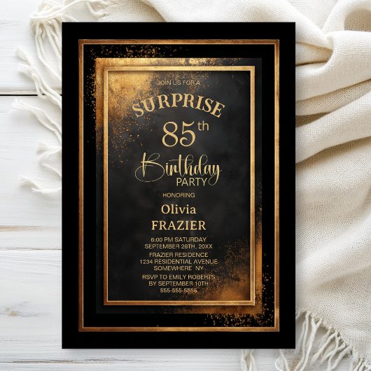 Invitation Modern Black Gold Surprise 85th Birthday Party