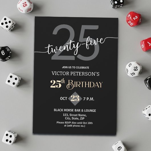Invitation Modern Black Minimalist Men 25th Birthday Party