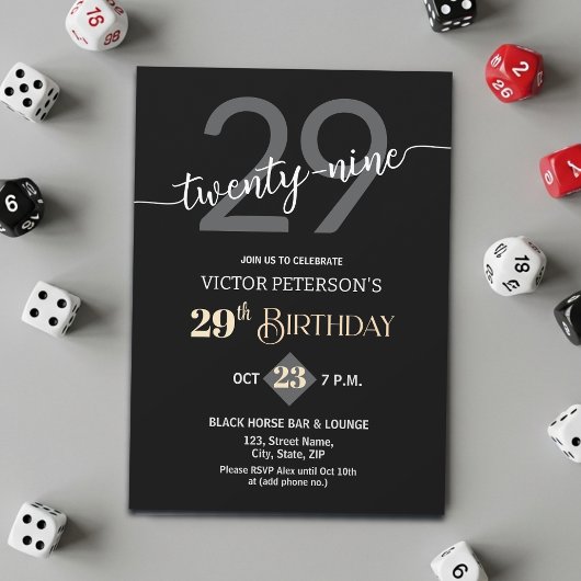 Invitation Modern Black Minimalist Men 29th Birthday Party