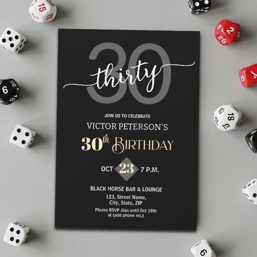 Invitation Modern Black Minimalist Men 30th Birthday Party