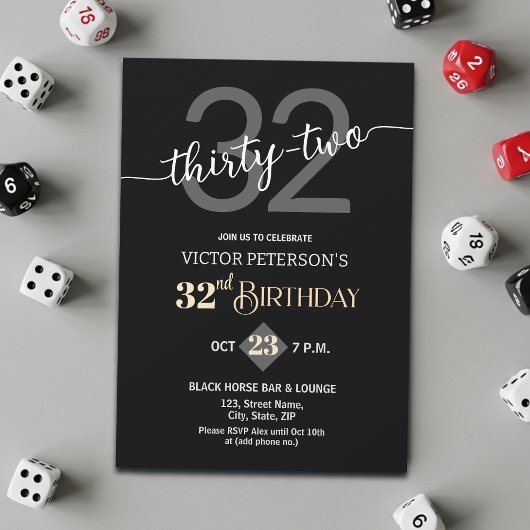 Invitation Modern Black Minimalist Men 32nd Birthday Party