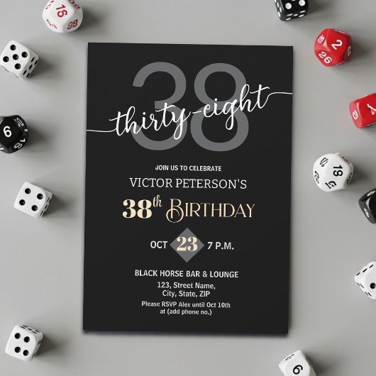 Invitation Modern Black Minimalist Men 38th Birthday Party
