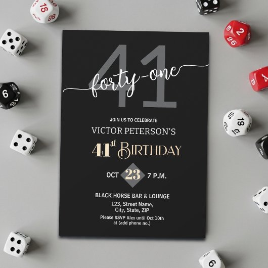 Invitation Modern Black Minimalist Men 41st Birthday Party