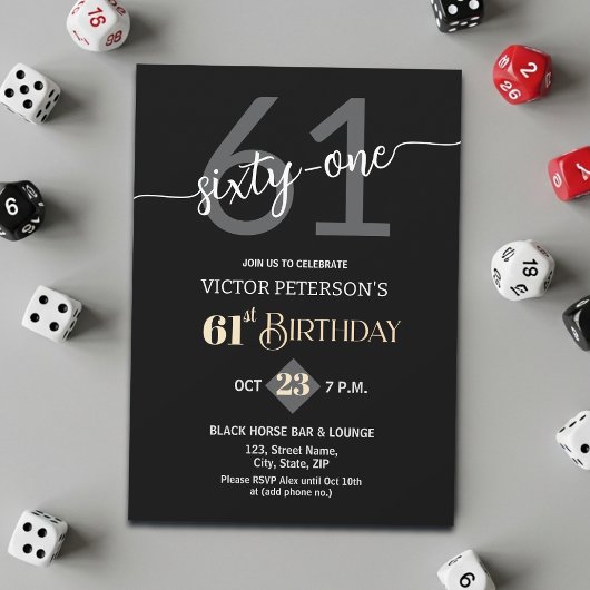 Invitation Modern Black Minimalist Men 61st Birthday Party