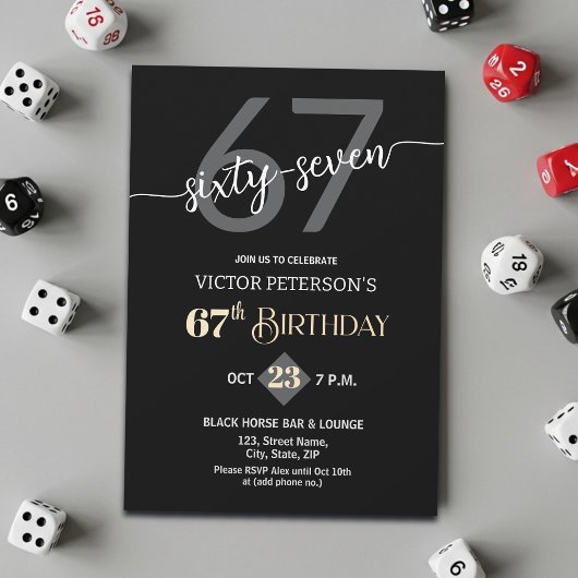 Invitation Modern Black Minimalist Men 67th Birthday Party