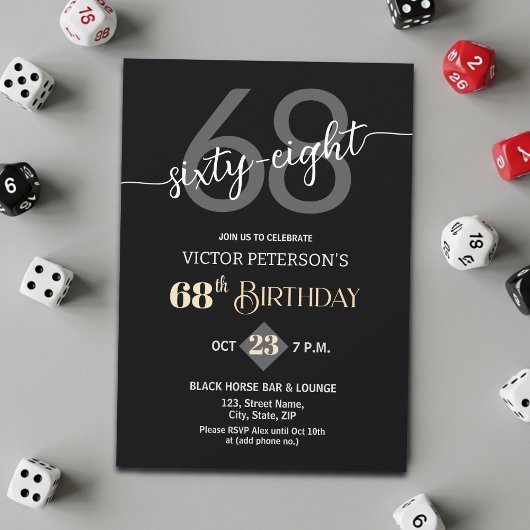 Invitation Modern Black Minimalist Men 68th Birthday Party