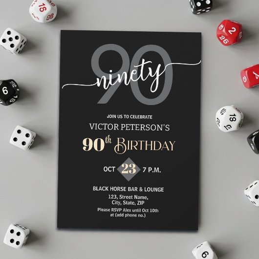 Invitation Modern Black Minimalist Men 90th Birthday Party