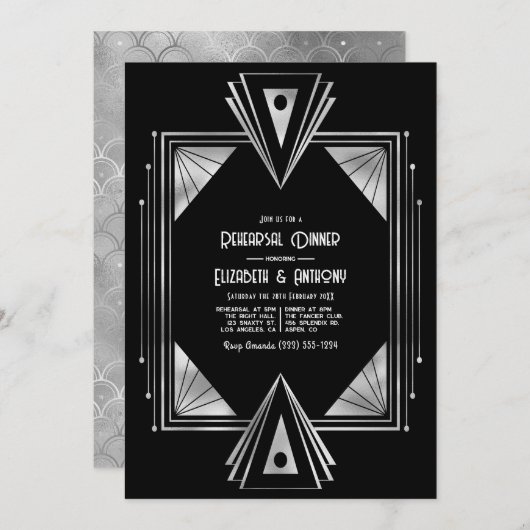 Invitation Modern Black & Silver Art Deco Rehearsal Dinner (Devant / Derrière)