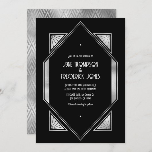 Invitation Modern Black & Silver Gatsby Art Deco Wedding (Devant / Derrière)