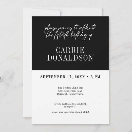 Invitation Modern Black White Fifty & Fabulous Birthday (Dos)