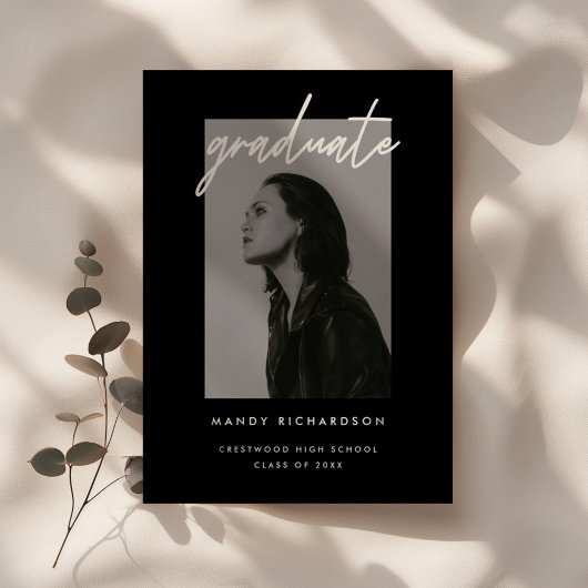 Invitation Modern Black White Script Photo Graduation Party