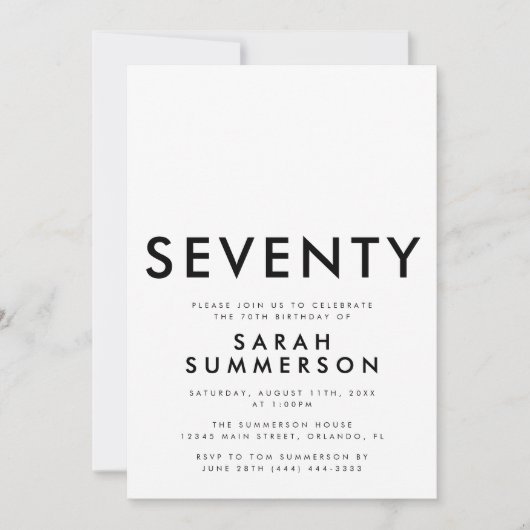 Invitation Modern Black White Seventy 70th Birthday Party (Devant)