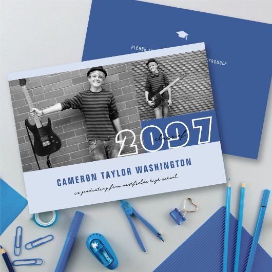 Invitation Modern Blue 2 Blocs photo Simple Graduation Party