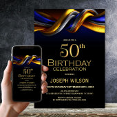 Invitation Modern Blue and Gold 50th Birthday Party