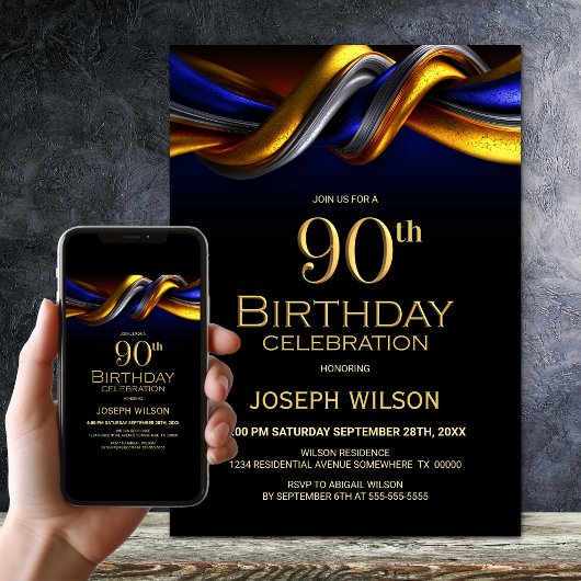 Invitation Modern Blue and Gold 90th Birthday Party