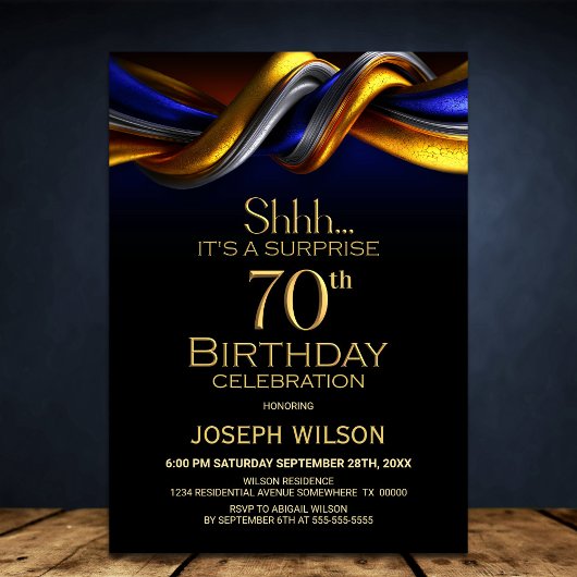 Invitation Modern Blue and Gold Surprise 70th Birthday Party