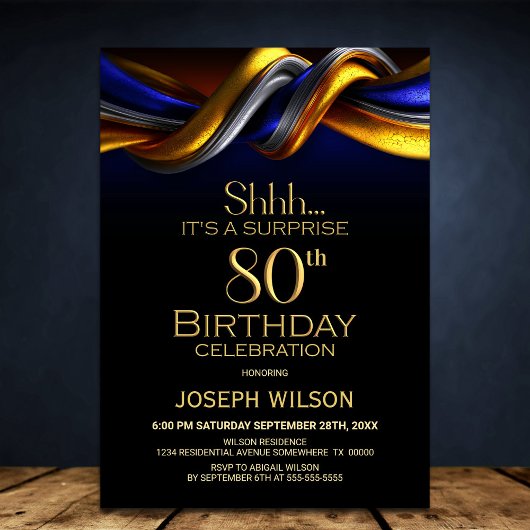 Invitation Modern Blue and Gold Surprise 80th Birthday Party