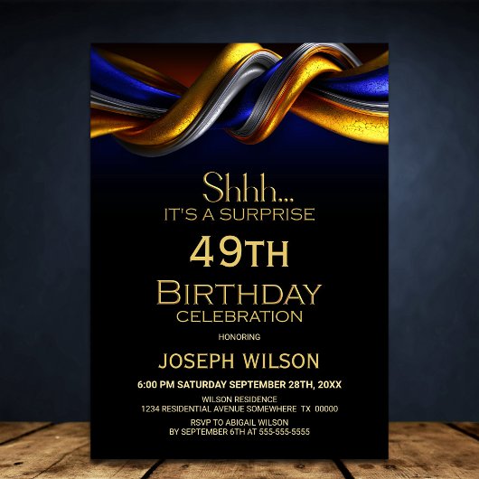 Invitation Modern Blue and Gold Surprise Birthday Party