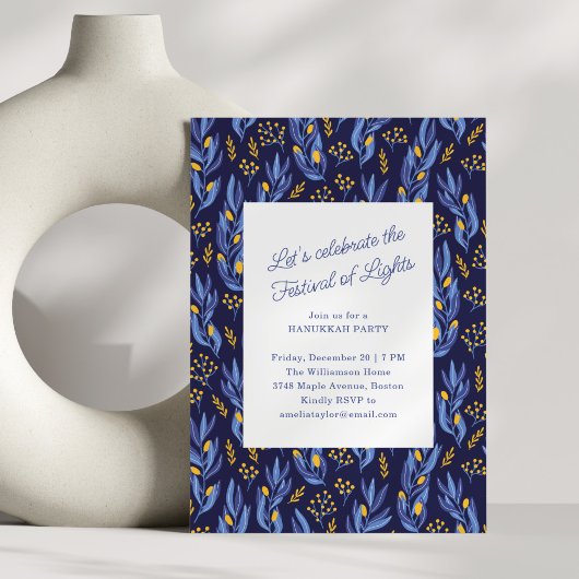 Invitation Modern Blue Botanical Family Hanukkah Party
