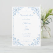 Invitation Modern Blue Filigree French Country Save the Date (Debout devant)