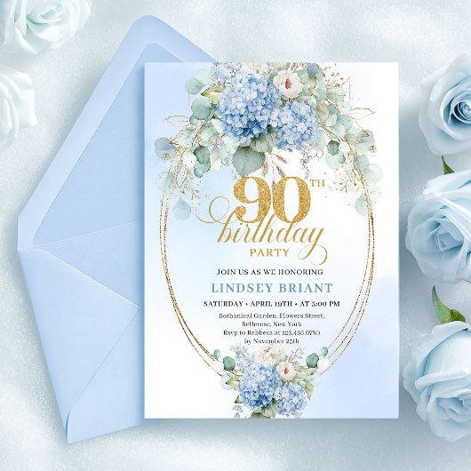 Invitation Modern Blue Floral Eucalyptus Gold 90th Birthday