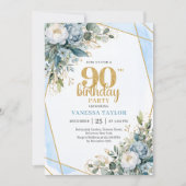Invitation Modern Blue Floral Gold Frame 90th Birthday Invite (Devant)