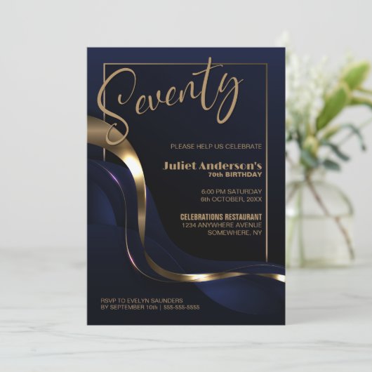 Invitation Modern Blue Gold 70e fête d'anniversaire (Debout devant)