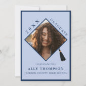 Invitation Modern Blue Graduation Cap Photo Announcement (Devant)