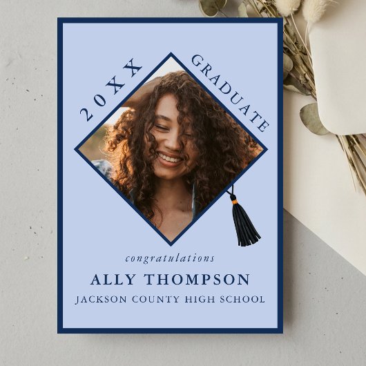 Invitation Modern Blue Graduation Cap Photo Announcement