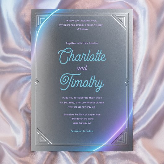 Invitation Modern Blue Gray Purple Electric Neon Glow Wedding