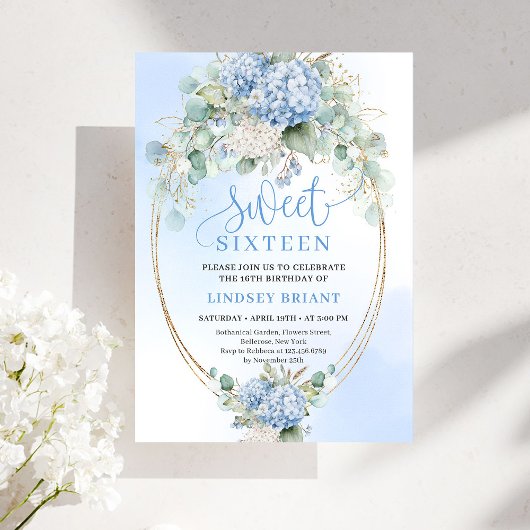 Invitation Modern Blue Hydrangea Eucalyptus 16th Birthday 