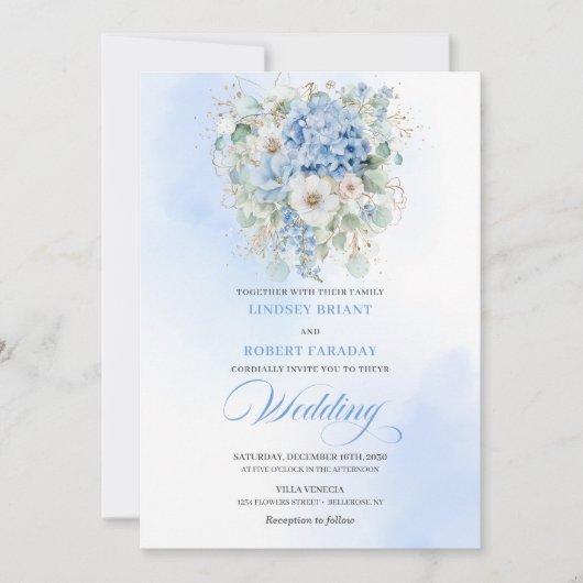 Invitation Modern Blue Hydrangea Gold Floral Wedding Invite (Devant)