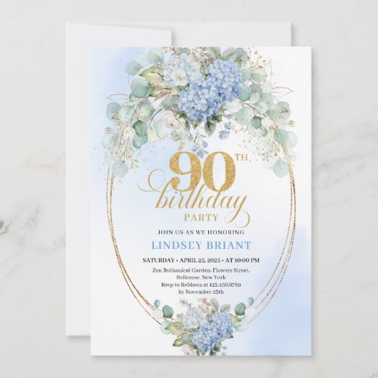 Invitation Modern Blue Hydrangeas Eucalyptus 90th Birthday (Devant)