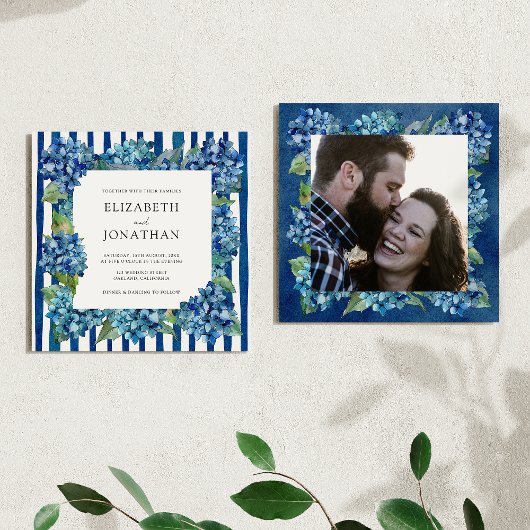 Invitation Modern Blue Hydrangeas Stripe Photo Wedding