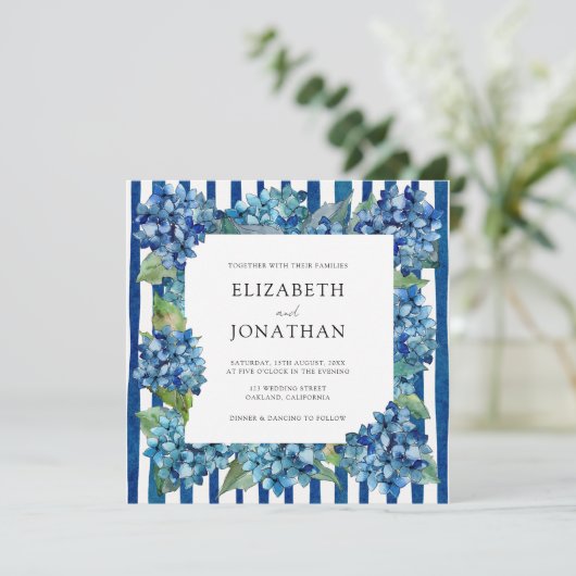 Invitation Modern Blue Hydrangeas Stripe RSVP QR Code Wedding (Debout devant)