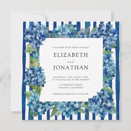 Invitation Modern Blue Hydrangeas Stripe RSVP QR Code Wedding (Devant)