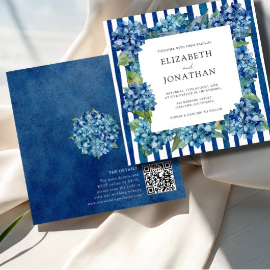 Invitation Modern Blue Hydrangeas Stripe RSVP QR Code Wedding