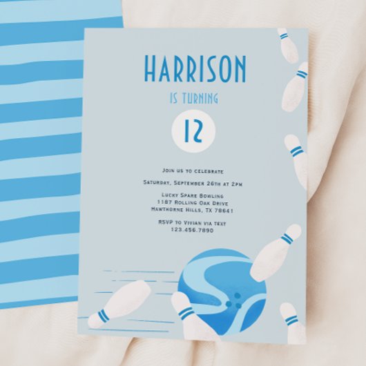 Invitation Modern Blue Kids Bowling Birthday Party