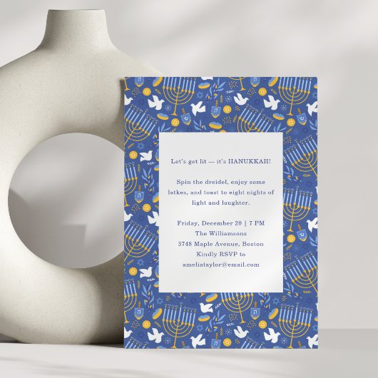 Invitation Modern Blue Menorah Dreidel Festive Hanukkah Party