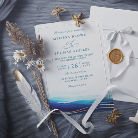 Invitation Modern Blue Navy Gold Ocean QR Code Wedding