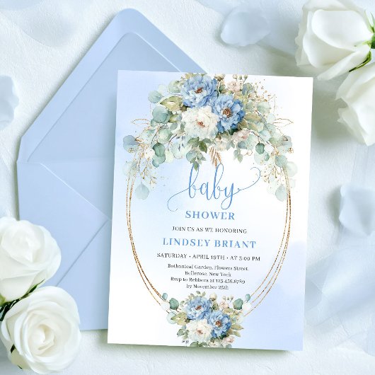 Invitation Modern Blue Peony Gold Frame Baby Shower Invite