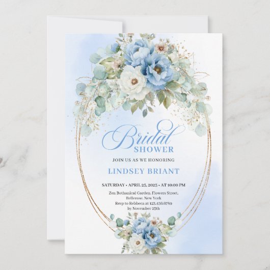 Invitation Modern Blue Peony Gold Frame Bridal Shower Invite (Devant)