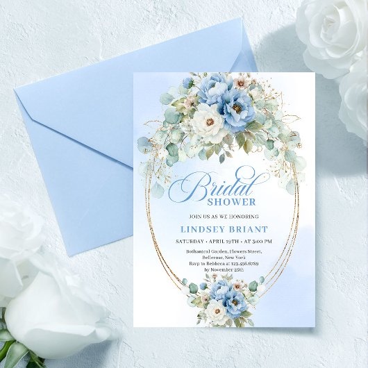 Invitation Modern Blue Peony Gold Frame Bridal Shower Invite