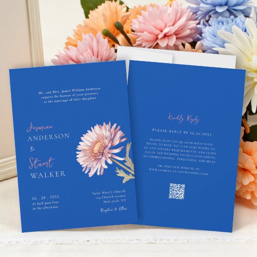 Invitation modern blue pink wedding Website QR Code