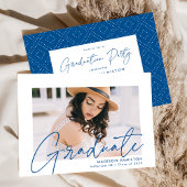 Invitation Modern Blue Script Photo Graduation Party
