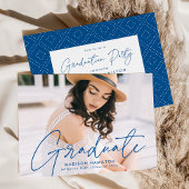 Invitation Modern Blue Script Photo Graduation Party