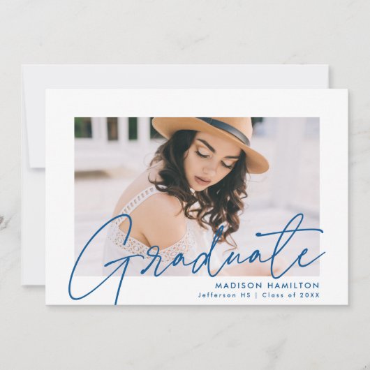 Invitation Modern Blue Script Photo Graduation Party (Devant)