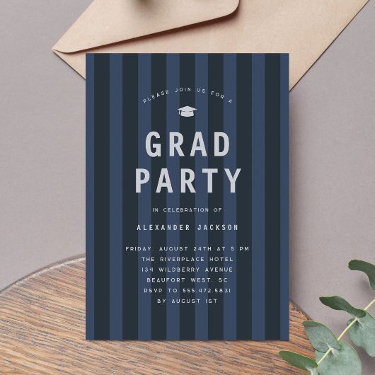 Invitation Modern Blue Sporty Stripes Graduation Party