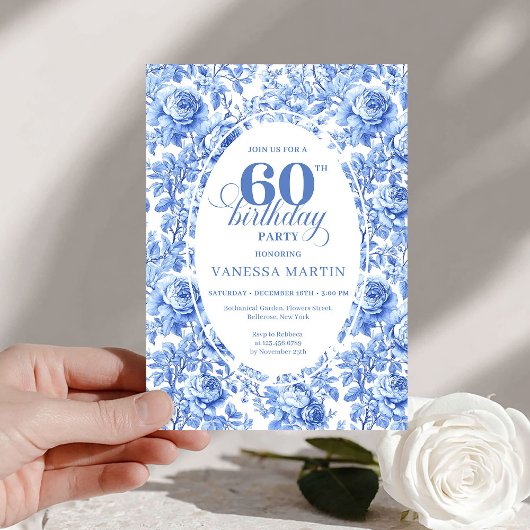 Invitation Modern Blue Toile Roses 60th Birthday Invite Digit